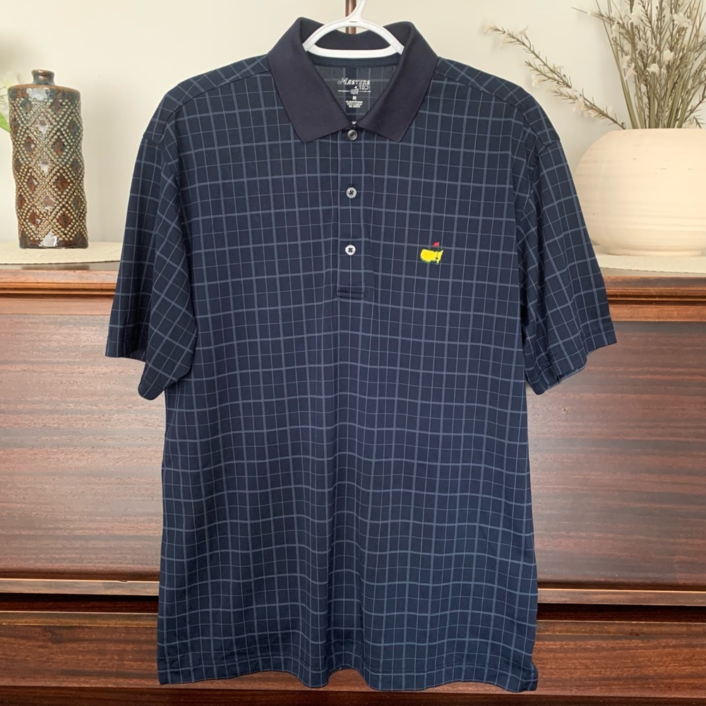 Masters Tech Blue Windowpane Print Golf Polo Shirt, Size Medium